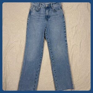 ZARA High Waisted Wide Leg Light Wash Denim Jeans Frayed Hem Size‎ 24